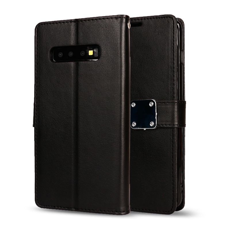 Galaxy S10+ (Plus) Multi Pockets Folio Flip LEATHER Wallet Case with Strap (Black)